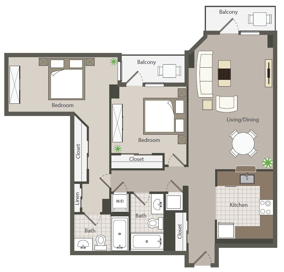 Floor plan for 2 beds, 2 baths, 1012 sqft